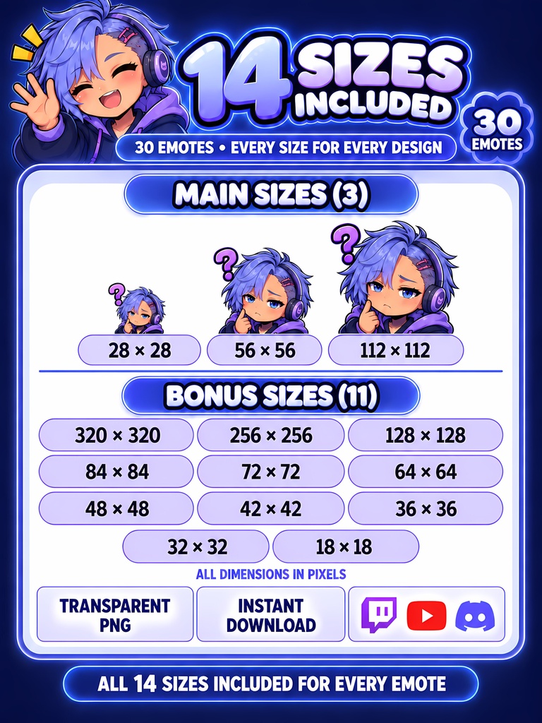 ラベンダーのパーカーゲーマー女子スタンプ30種|Twitch配信・YouTube・Discord向けアニメ絵文字 | 30 Cozy Hoodie Gamer Girl Emotes for Twitch, YouTube & Discord