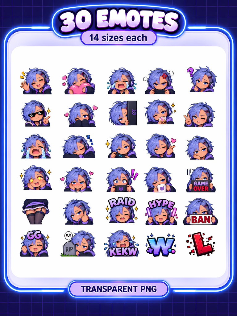 ラベンダーのパーカーゲーマー女子スタンプ30種|Twitch配信・YouTube・Discord向けアニメ絵文字 | 30 Cozy Hoodie Gamer Girl Emotes for Twitch, YouTube & Discord