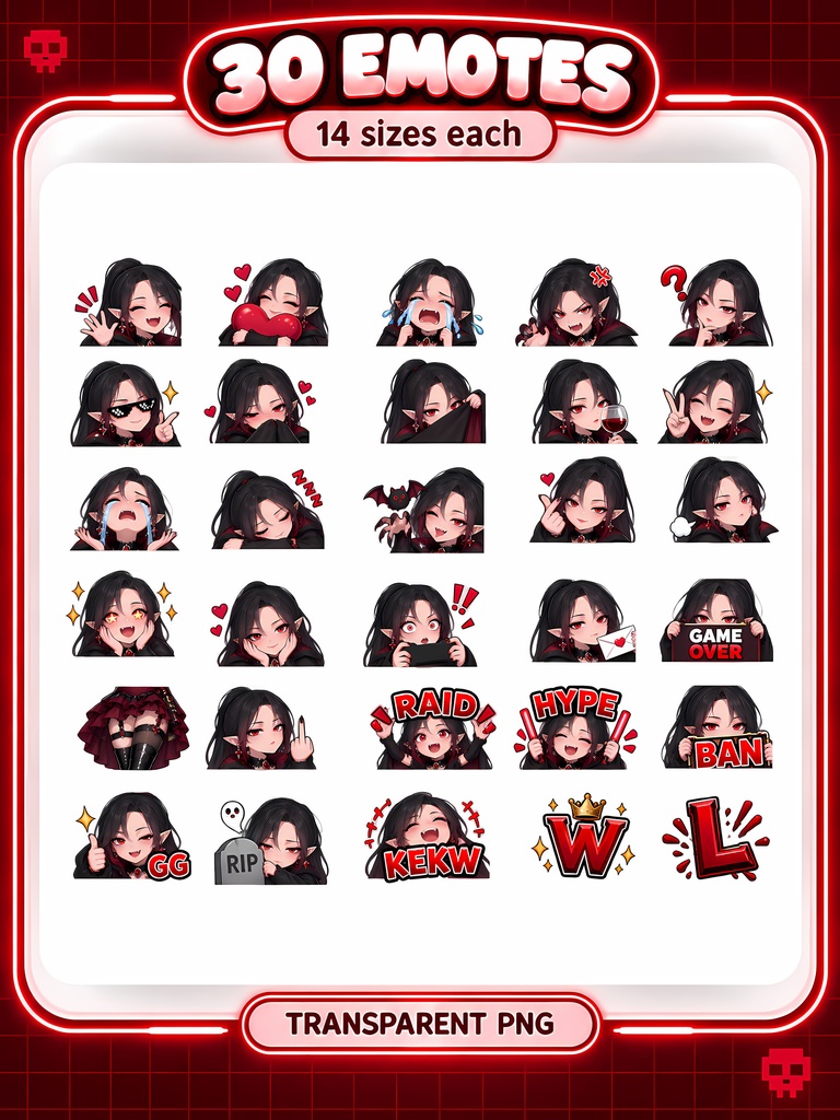 吸血鬼の女の子 30種 ゴシックアニメ配信スタンプ・Twitch/YouTube/Discord絵文字 | Vampire Girl Emotes, 30 Gothic Anime Twitch Emotes
