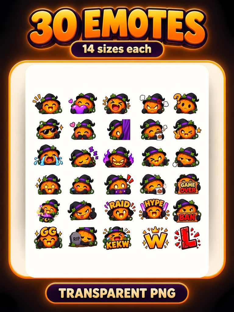 ハロウィンかぼちゃの配信スタンプ30種|魔女帽子のかわいいTwitchスタンプ・Discord絵文字・YouTube用 / Halloween Pumpkin Emotes, Kawaii Jack O'Lantern Stream Pack