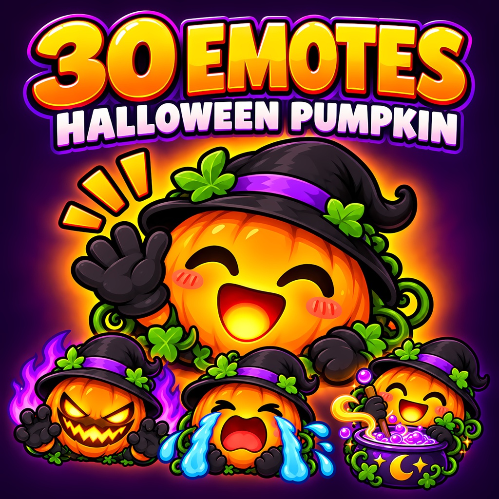 ハロウィンかぼちゃの配信スタンプ30種｜魔女帽子のかわいいTwitchスタンプ・Discord絵文字・YouTube用 / Halloween Pumpkin Emotes, Kawaii Jack O'Lantern Stream Pack