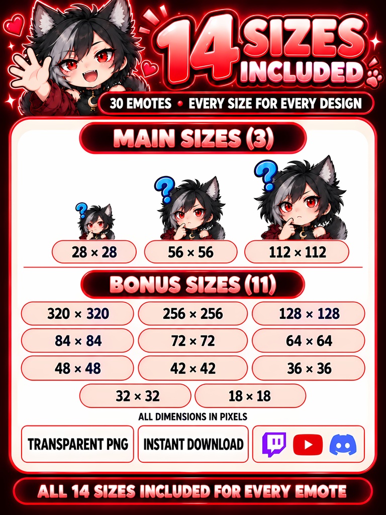 人狼少女エモート30種|狼耳のちびキャラ・アニメ風Twitchスタンプ、Discord・YouTube絵文字 配信素材 | Werewolf Girl Emotes, 30 Chibi Anime PNGs