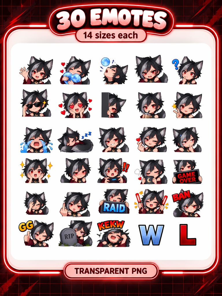 人狼少女エモート30種|狼耳のちびキャラ・アニメ風Twitchスタンプ、Discord・YouTube絵文字 配信素材 | Werewolf Girl Emotes, 30 Chibi Anime PNGs