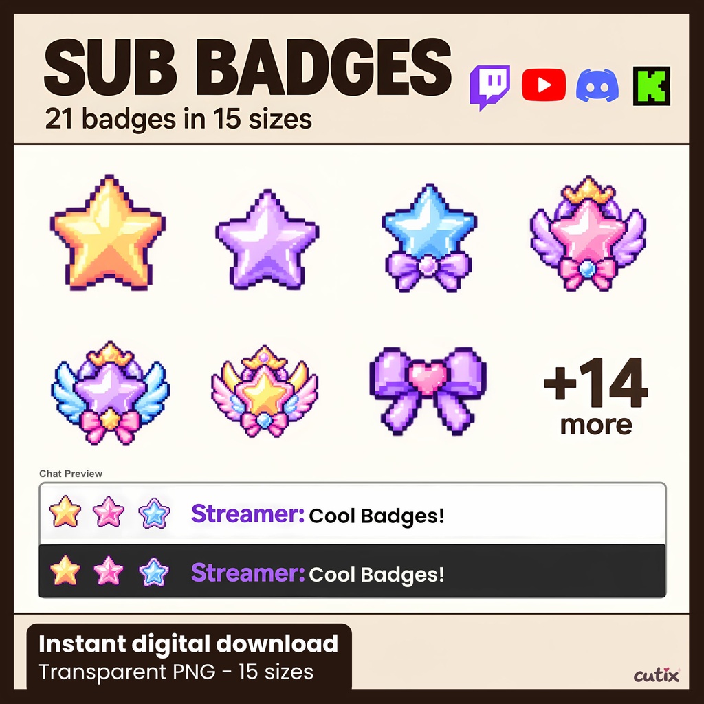 【21 badges】 サブスクバッジ 星とハートのゆめかわドット絵 全21種 | Dreamy Star Charms Twitch Badges