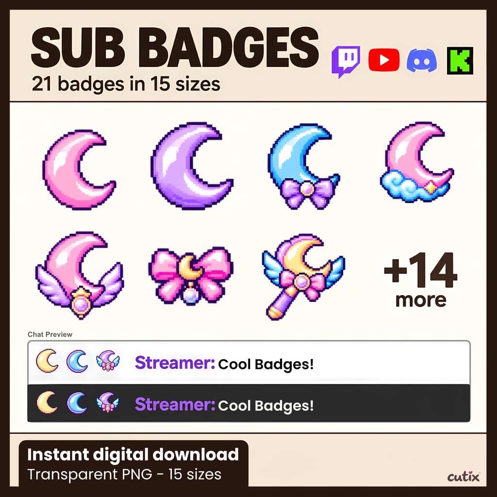 【21 badges】サブスクバッジ 三日月のゆめかわドット絵 全21種 | Dreamy Moon Crescent Charms