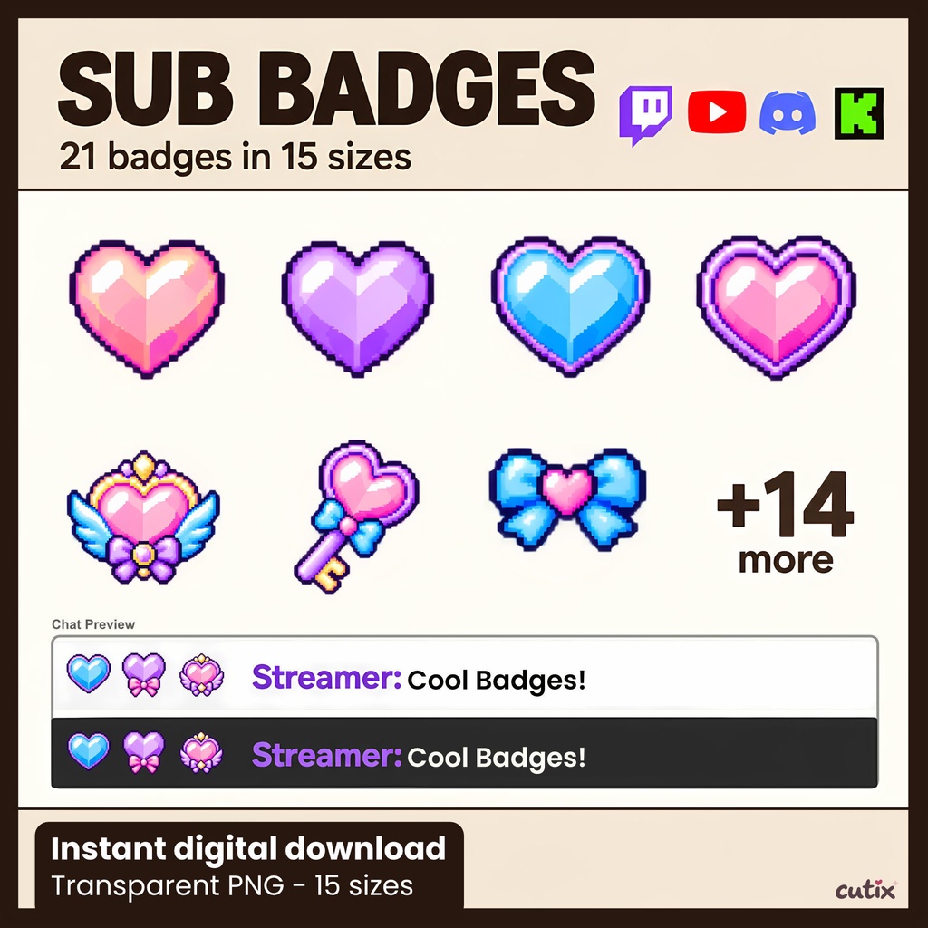 【21 badges】 サブスクバッジ ハートのゆめかわドット絵 全21種 | Magical Heart Charms Sub Badges