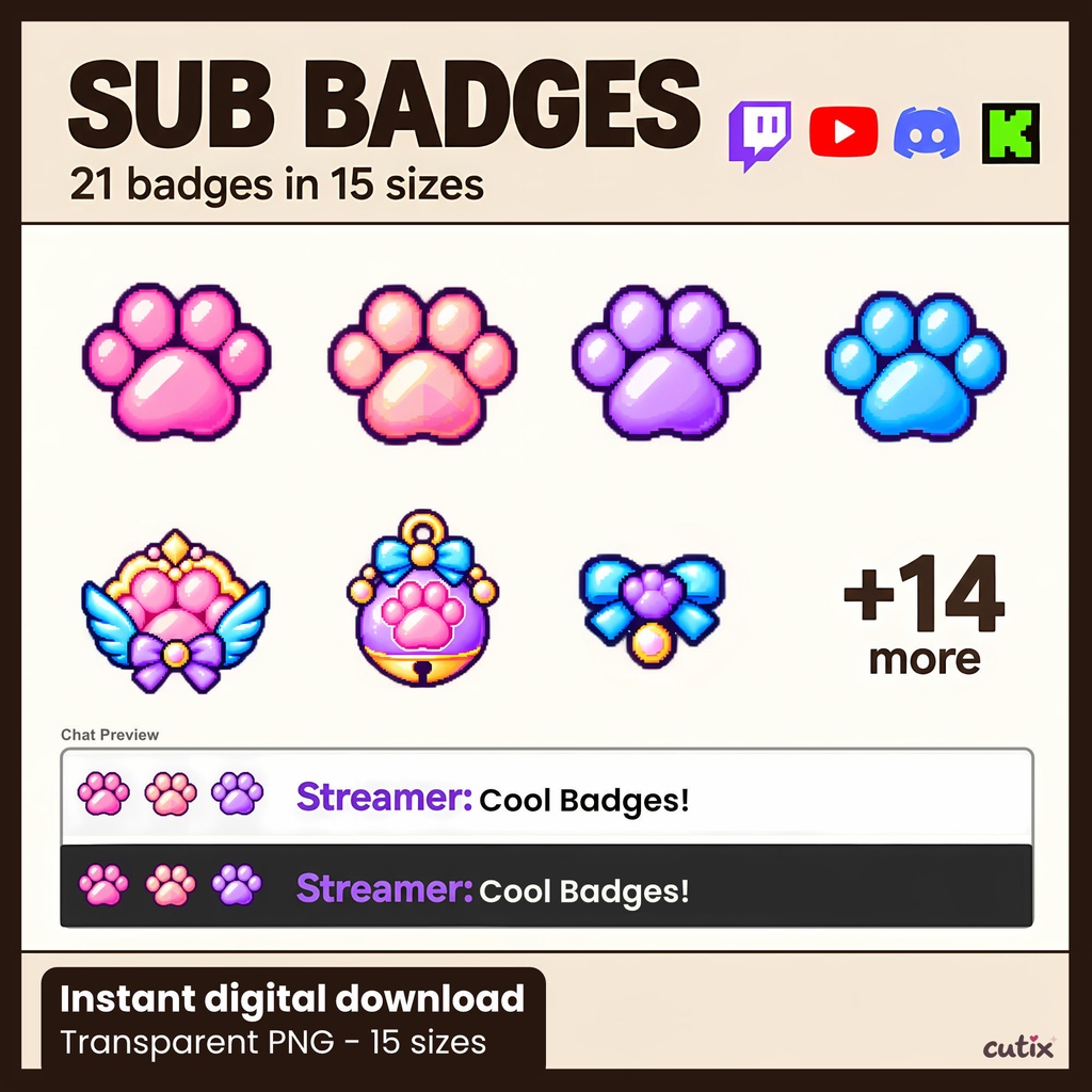 【21 badges】サブスクバッジ 肉球のゆめかわドット絵 全21種 | Pastel Paw Charms Sub Badges