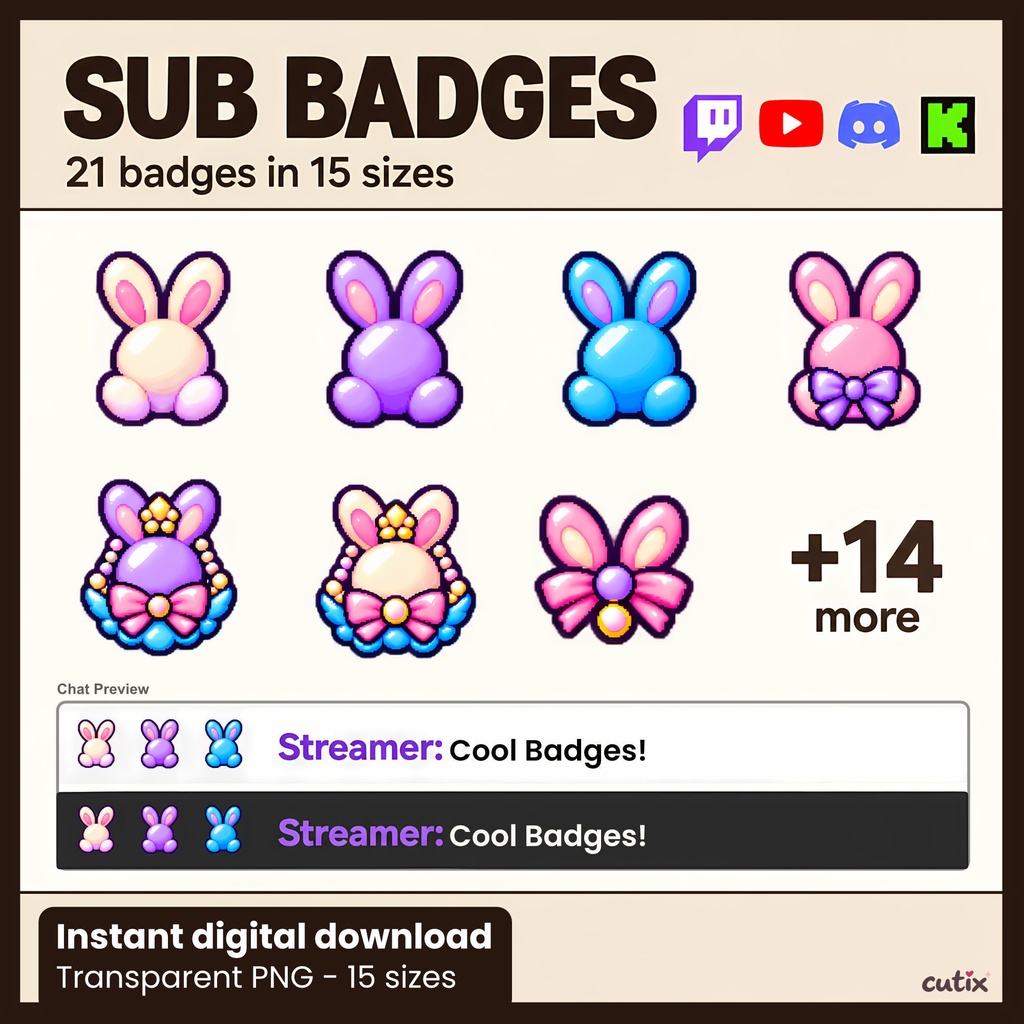 【21 badges】サブスクバッジ うさぎのゆめかわドット絵 全21種 | Sub Badges Pastel Bunny Charms