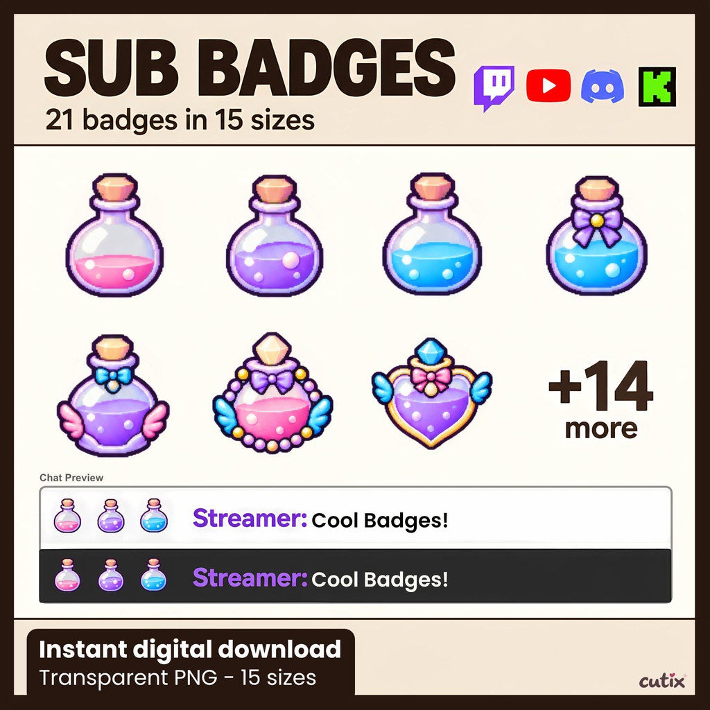 【21 badges】サブスクバッジ ポーションのゆめかわドット絵 全21種 | Pastel Potion Charms Sub Badges
