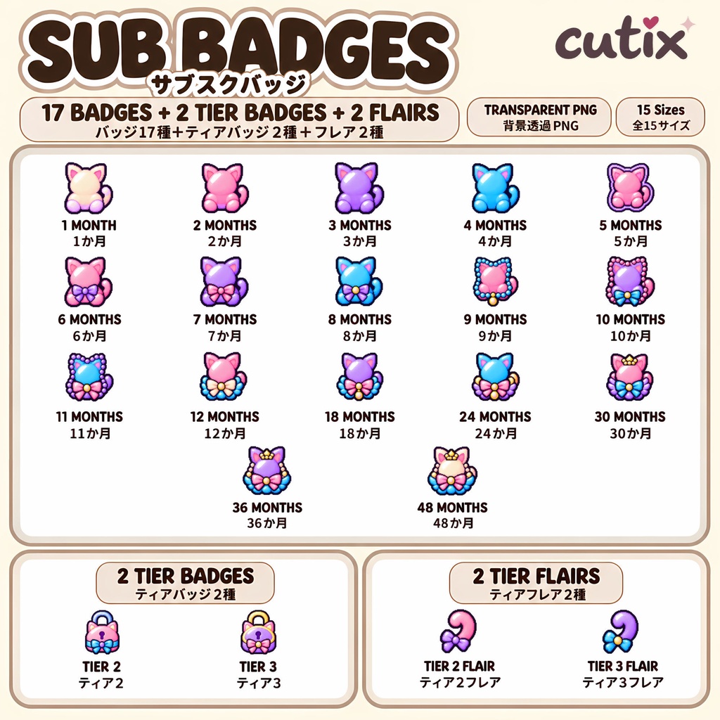 【21 badges】サブスクバッジ ねこのゆめかわドット絵 全21種 | Pastel Kitty Charms Sub Badges