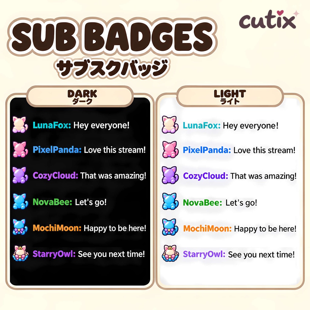 【21 badges】サブスクバッジ ねこのゆめかわドット絵 全21種 | Pastel Kitty Charms Sub Badges