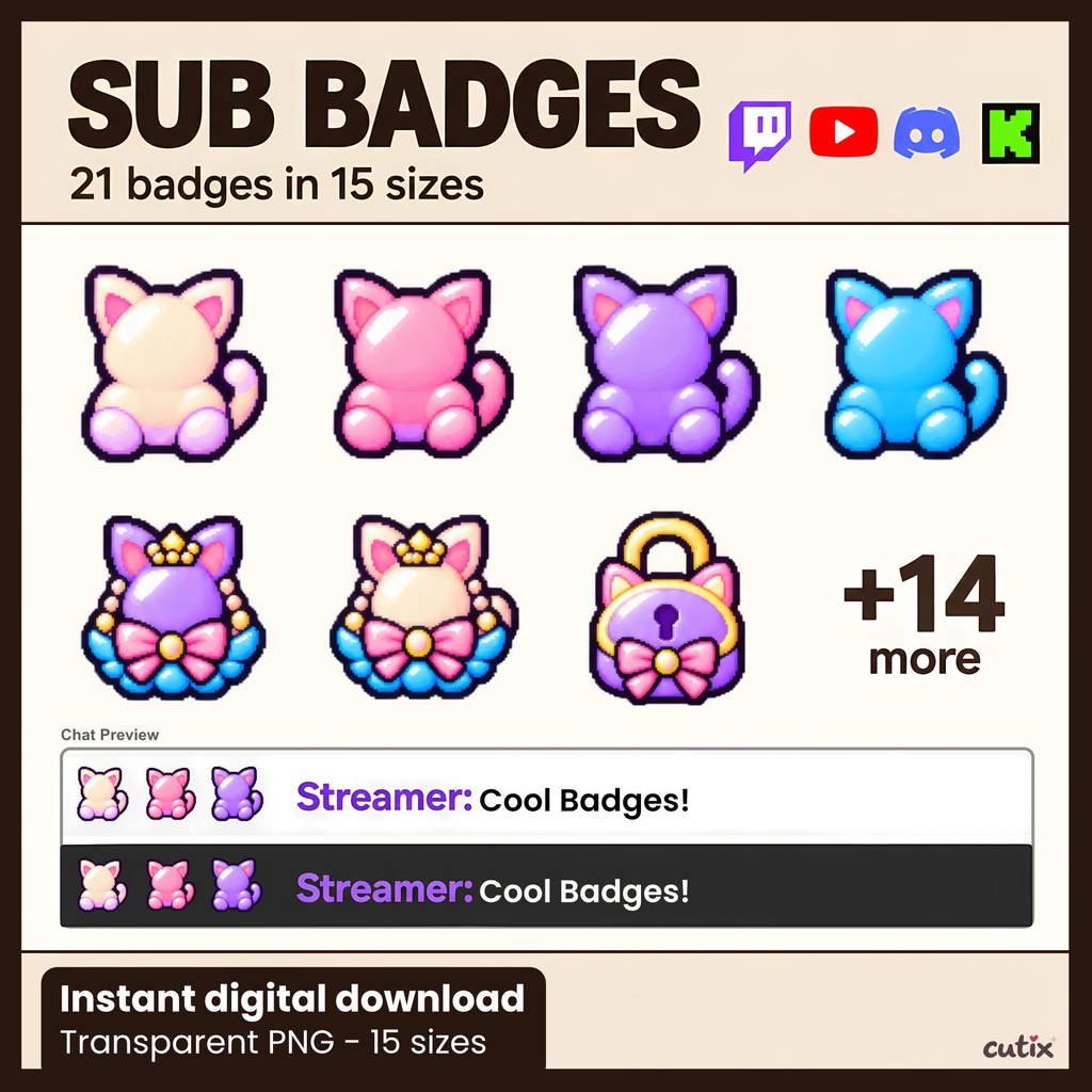 【21 badges】サブスクバッジ ねこのゆめかわドット絵 全21種 | Pastel Kitty Charms Sub Badges