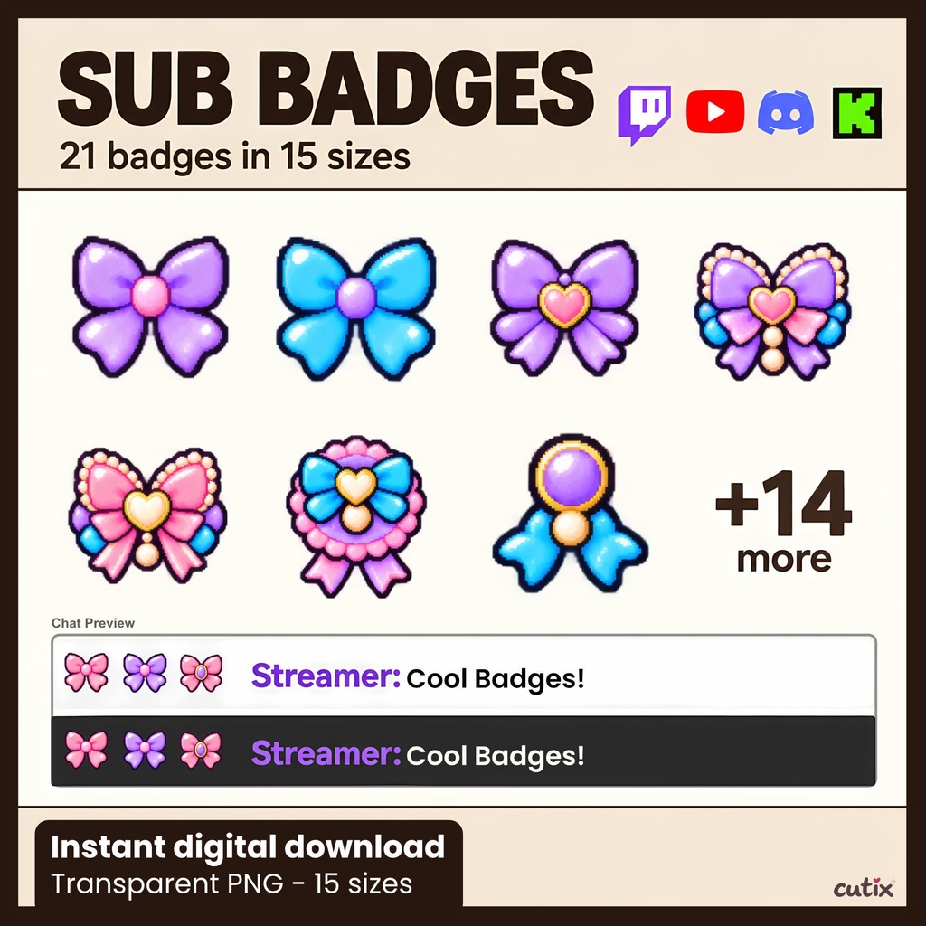 【21 badges】 サブスクバッジ リボンのゆめかわドット絵 全21種 | Pastel Ribbon Charms Sub Badges