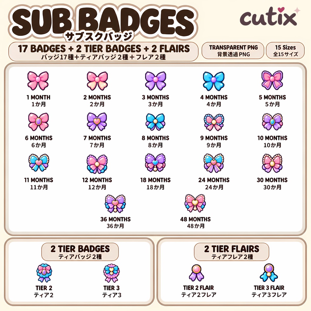 【21 badges】 サブスクバッジ リボンのゆめかわドット絵 全21種 | Pastel Ribbon Charms Sub Badges