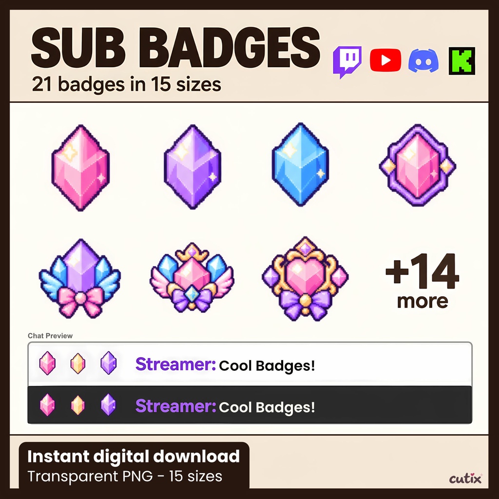 【21 badges】サブスクバッジ パステル宝石のドット絵 全21種 | Pastel Crystal Charms Sub Badges