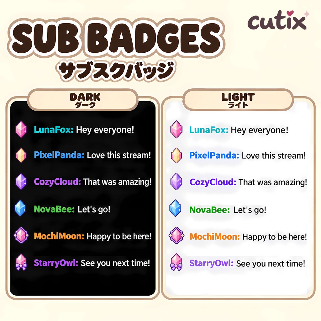 【21 badges】サブスクバッジ パステル宝石のドット絵 全21種 | Pastel Crystal Charms Sub Badges