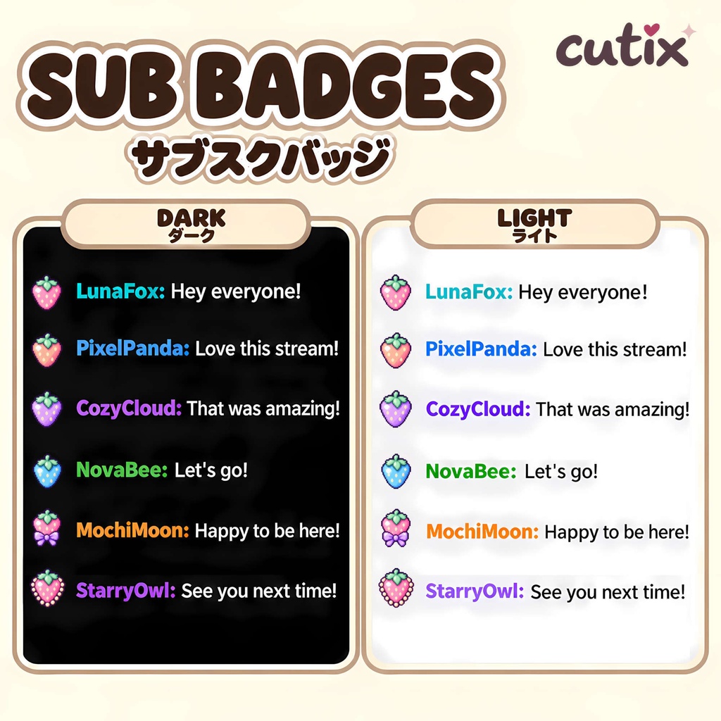 【21 badges】 サブスクバッジ いちごのゆめかわドット絵 全21種 | Pastel Strawberry Charms Sub Badges