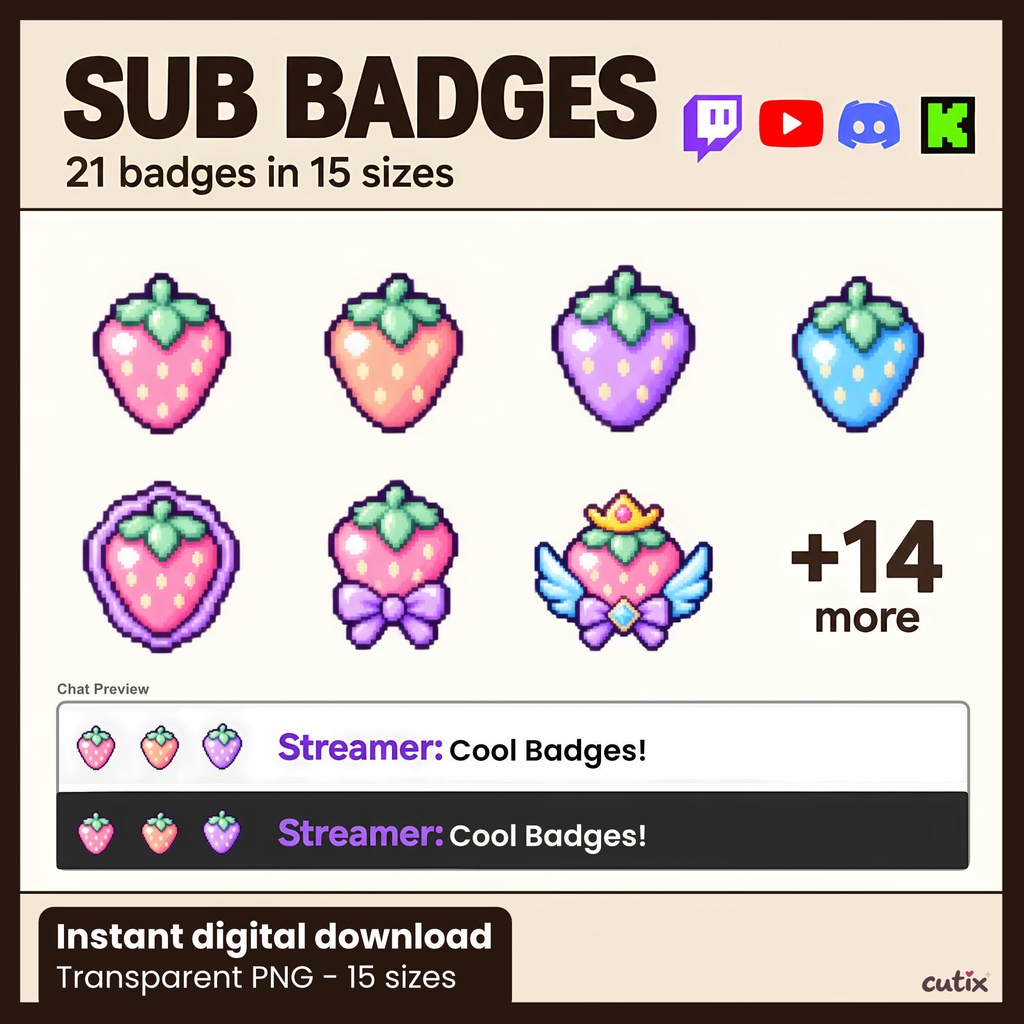 【21 badges】 サブスクバッジ いちごのゆめかわドット絵 全21種 | Pastel Strawberry Charms Sub Badges