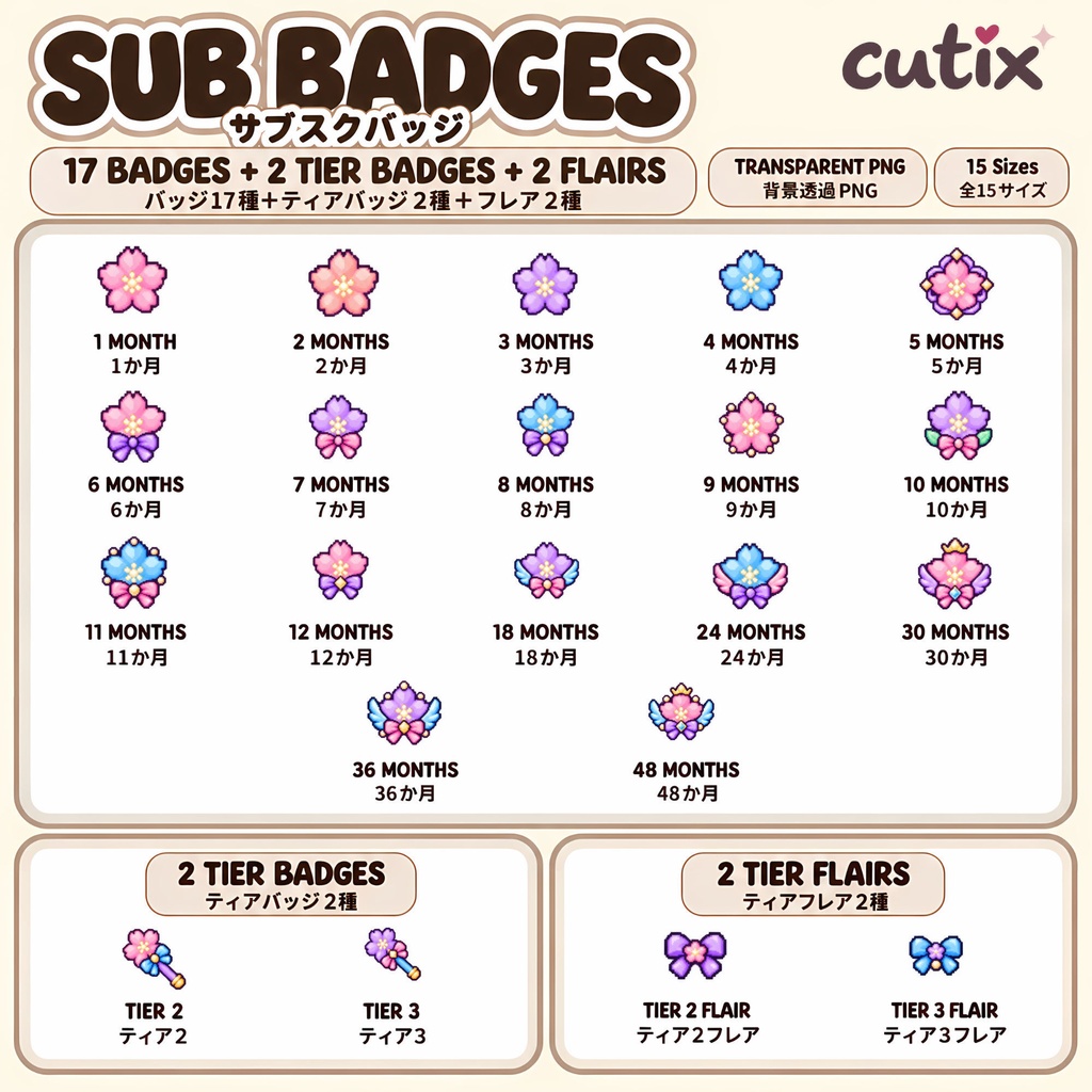 【21 badges】 サブスクバッジ 桜のゆめかわドット絵 全21種 | Pastel Sakura Charms Sub Badges