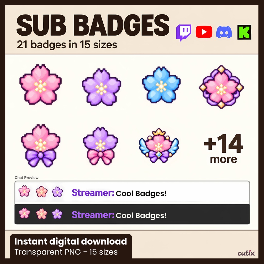 【21 badges】 サブスクバッジ 桜のゆめかわドット絵 全21種 | Pastel Sakura Charms Sub Badges