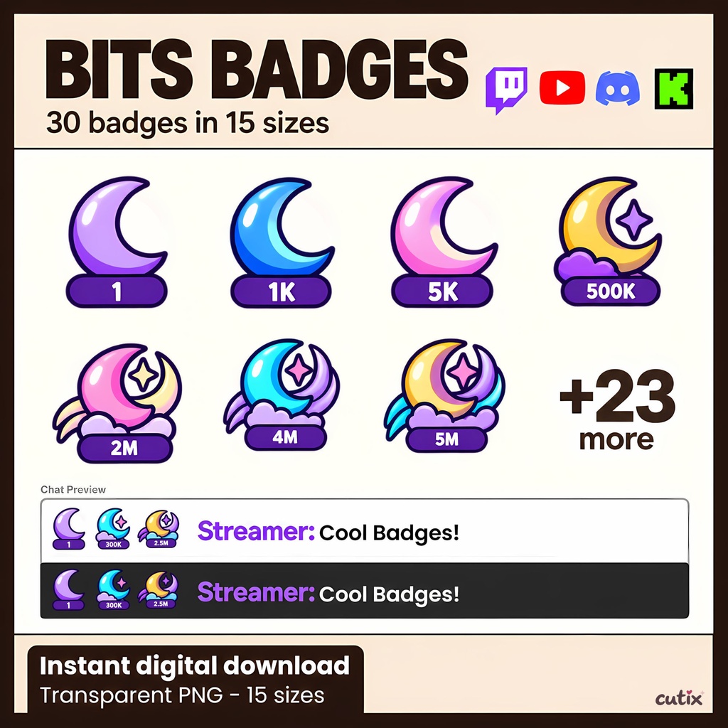 【30 Twitch Bits】ビッツバッジ カラフルな三日月と雲 全30種 | Moon Magic Twitch Bits Badges