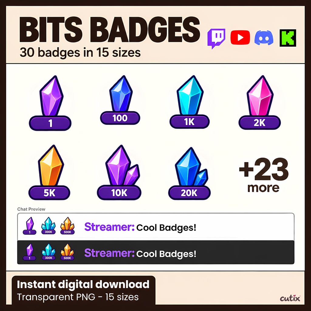 【30 Twitch Bits】ビッツバッジ 宝石とクリスタルの成長セット 全30種【Twitch】 | Crystal Evolution Bits Badges
