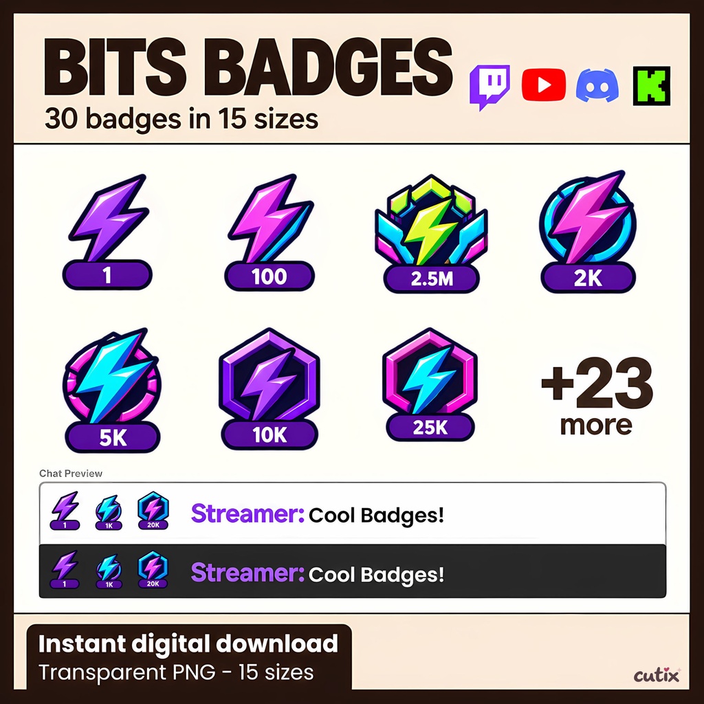 【30 Twitch bits】ビッツバッジ ネオンの雷エンブレム 全30種 | Neon Pulse Bits Badges