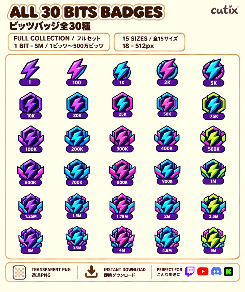 【30 Twitch bits】ビッツバッジ ネオンの雷エンブレム 全30種 | Neon Pulse Bits Badges