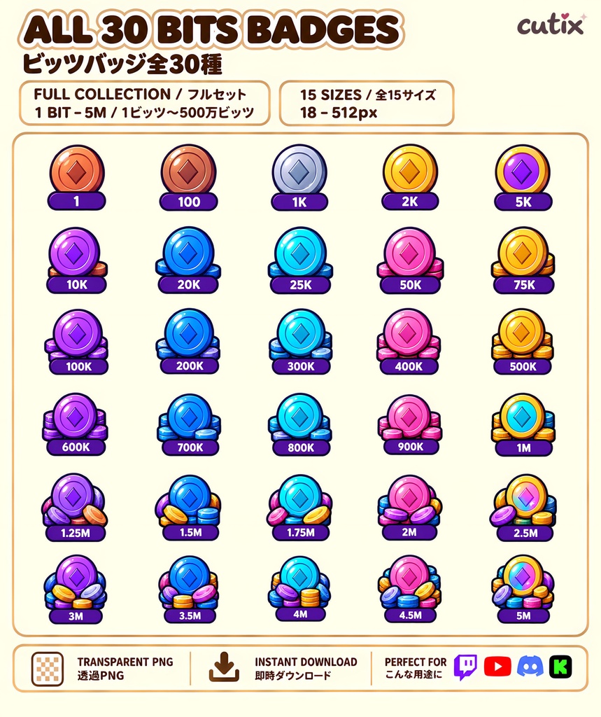 【30 Twitch bits】ビッツバッジ カラフルなコイン 全30種 | Coin Quest Twitch Bits Badges