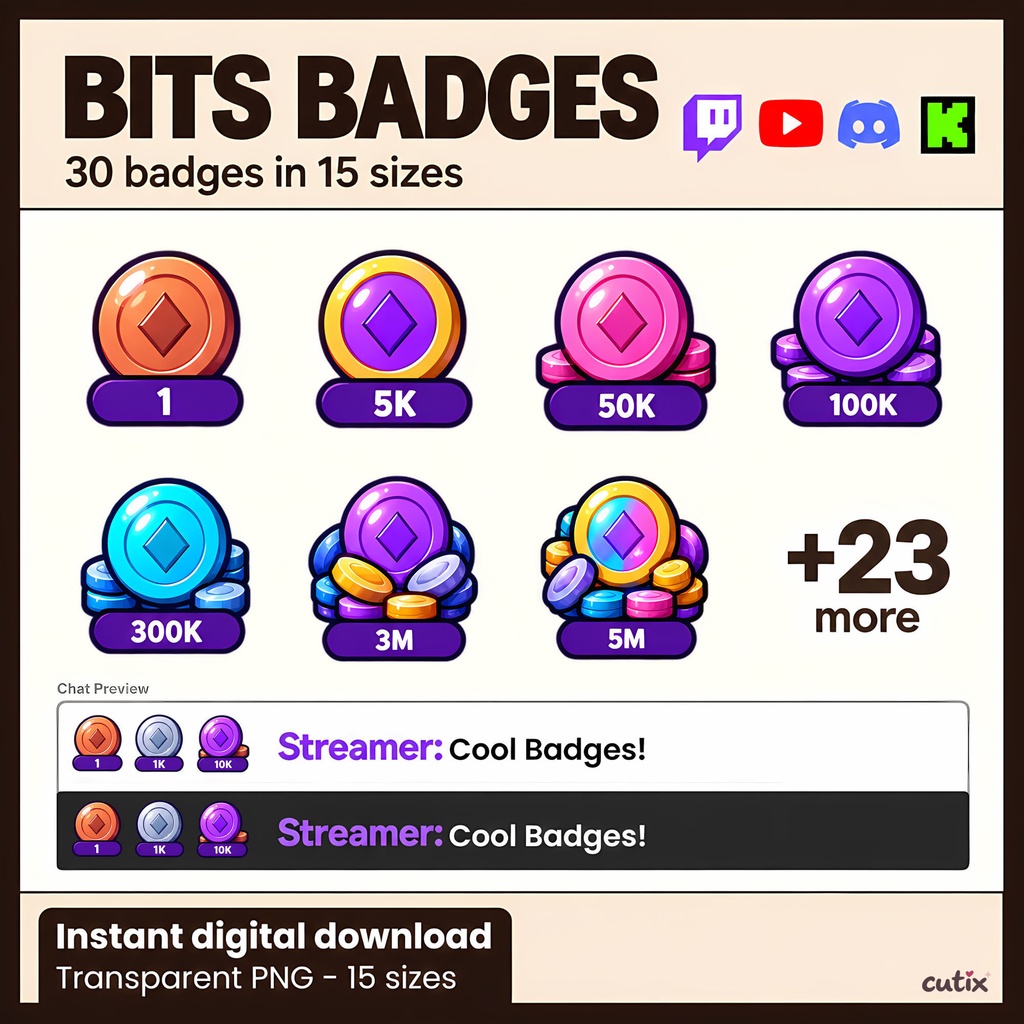 【30 Twitch bits】ビッツバッジ カラフルなコイン 全30種 | Coin Quest Twitch Bits Badges