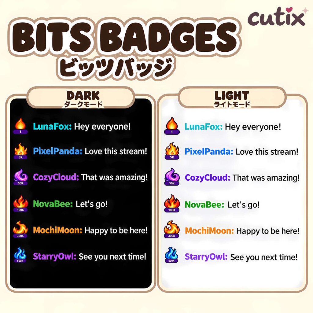 【30 Twitch Bits】 ビッツバッジ カラフルな炎 全30種 | Blaze Ascent Twitch Bits Badges