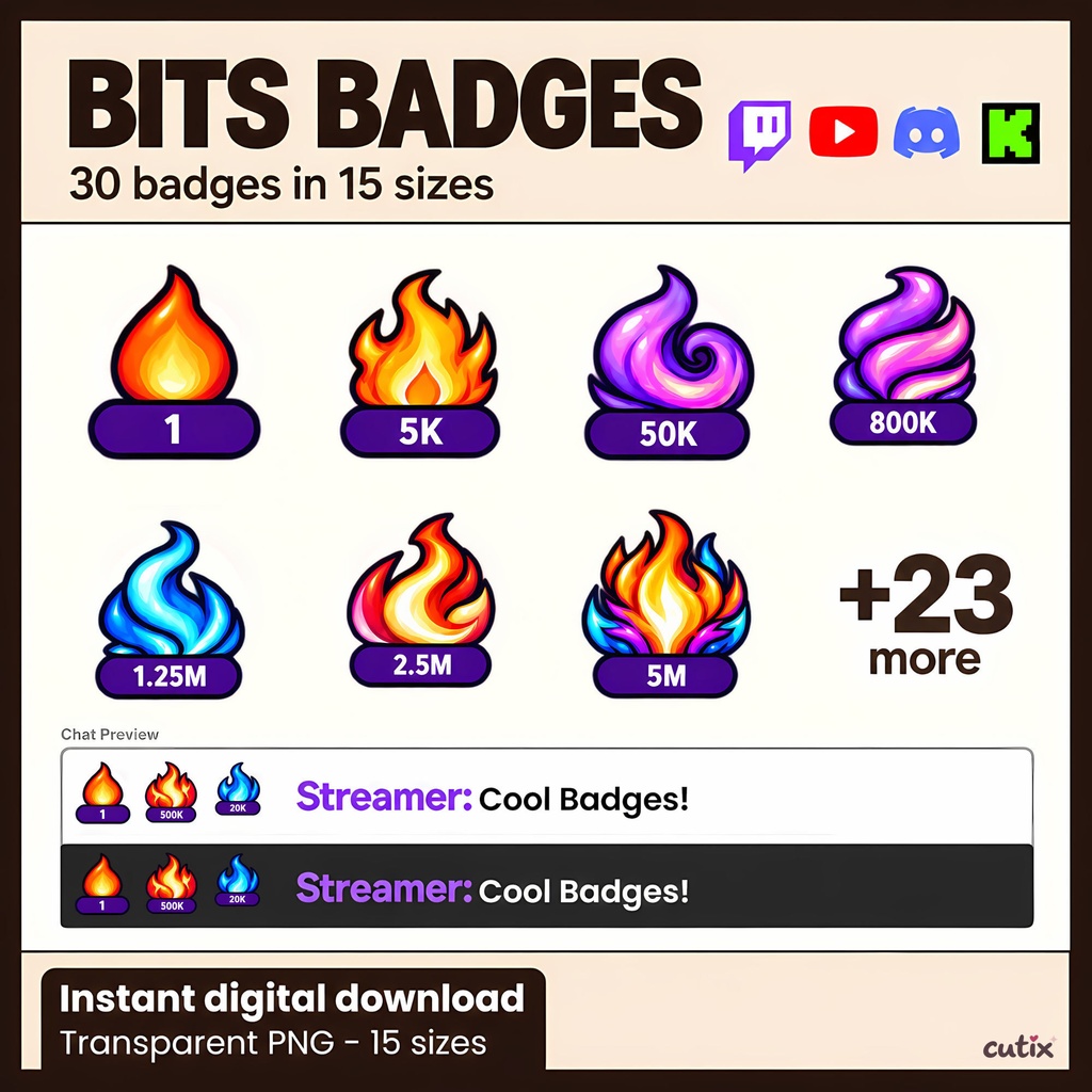 【30 Twitch Bits】 ビッツバッジ カラフルな炎 全30種 | Blaze Ascent Twitch Bits Badges