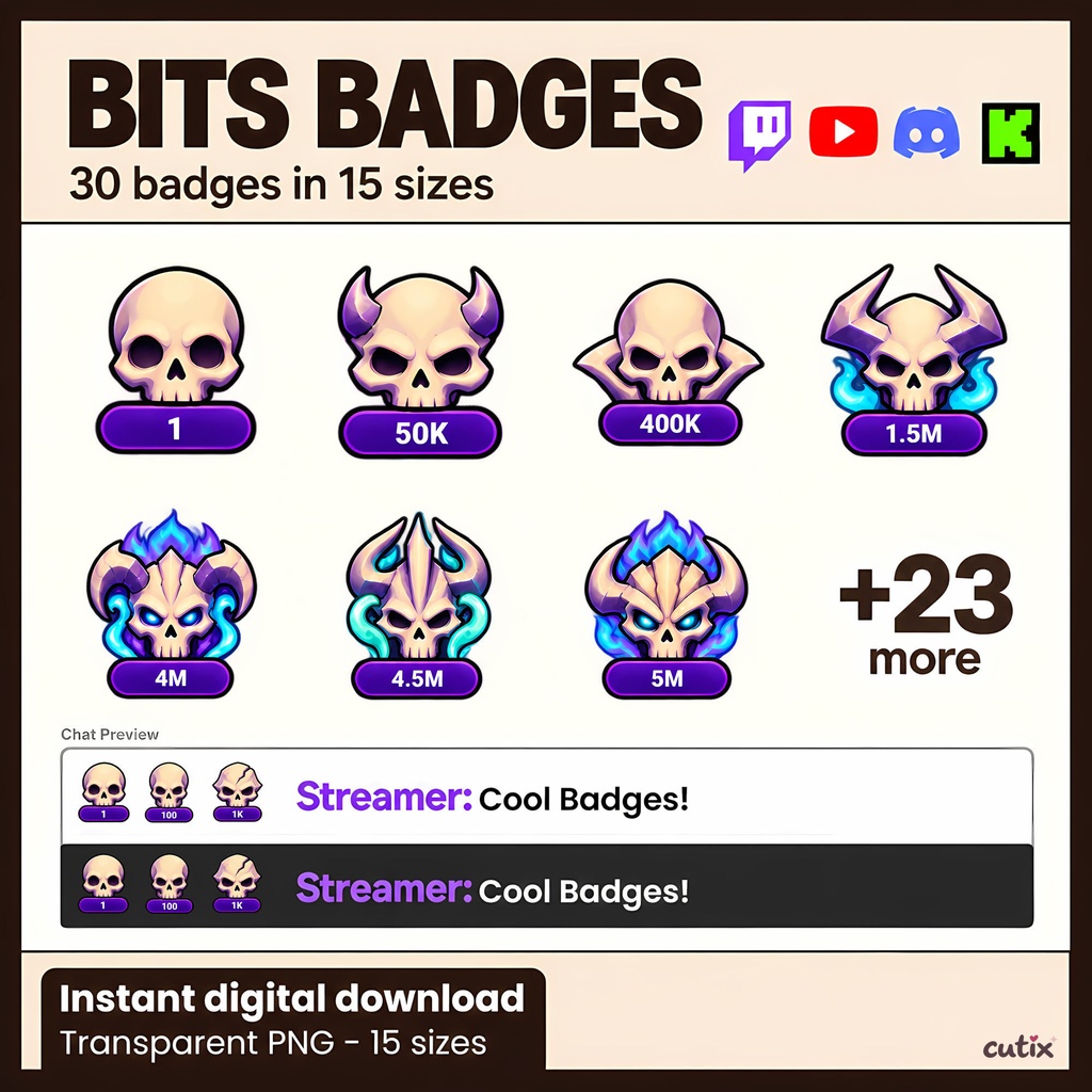 【30 Twitch Bits】 ビッツバッジ 角と霊炎のドクロ 全30種 | Phantom Skull Twitch Bits Badges