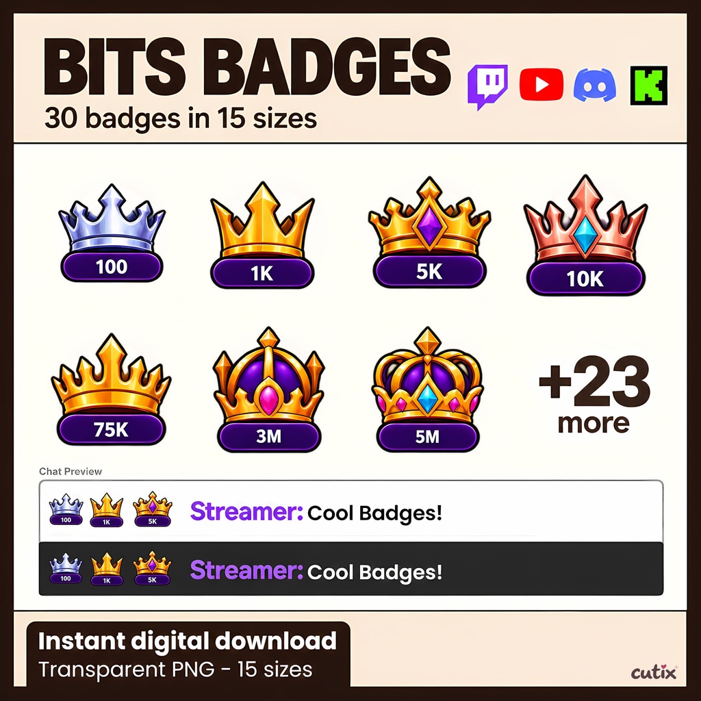 【30 Twitch Bits】 ビッツバッジ 王冠と宝石 全30種 | Royal Ascension Bits Badges