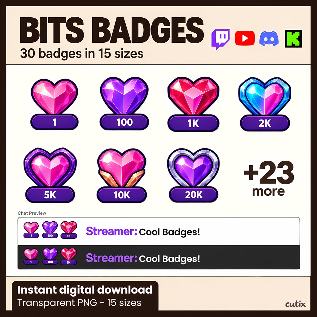【30 Twitch Bits】 ビッツバッジ ハート型のキラキラ宝石 全30種【Twitch配信素材・透過PNG】 | Heart Prism Twitch Bits Badges