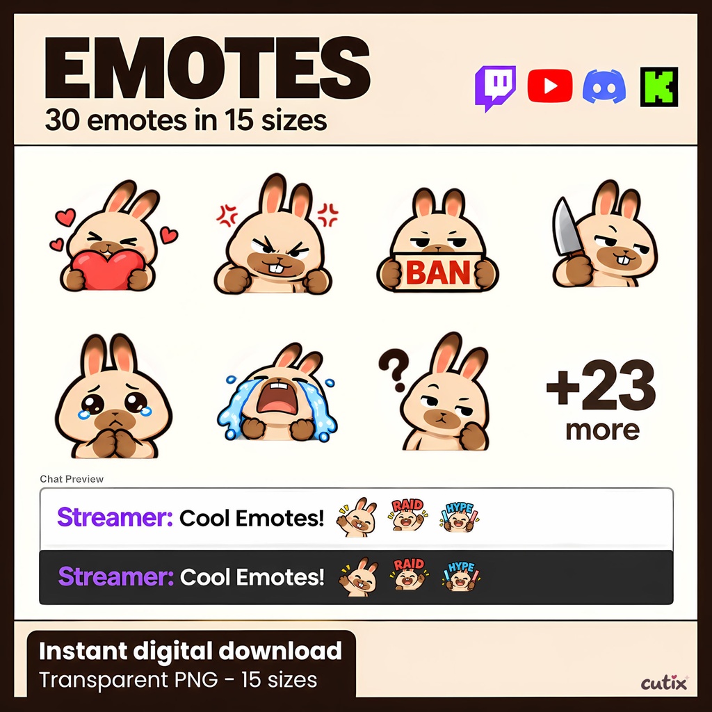 【30種】 うさぎの配信スタンプ 全30種【Discord絵文字・Twitchエモート・YouTube絵文字】 | Mischief Bunny Emotes And Stickers