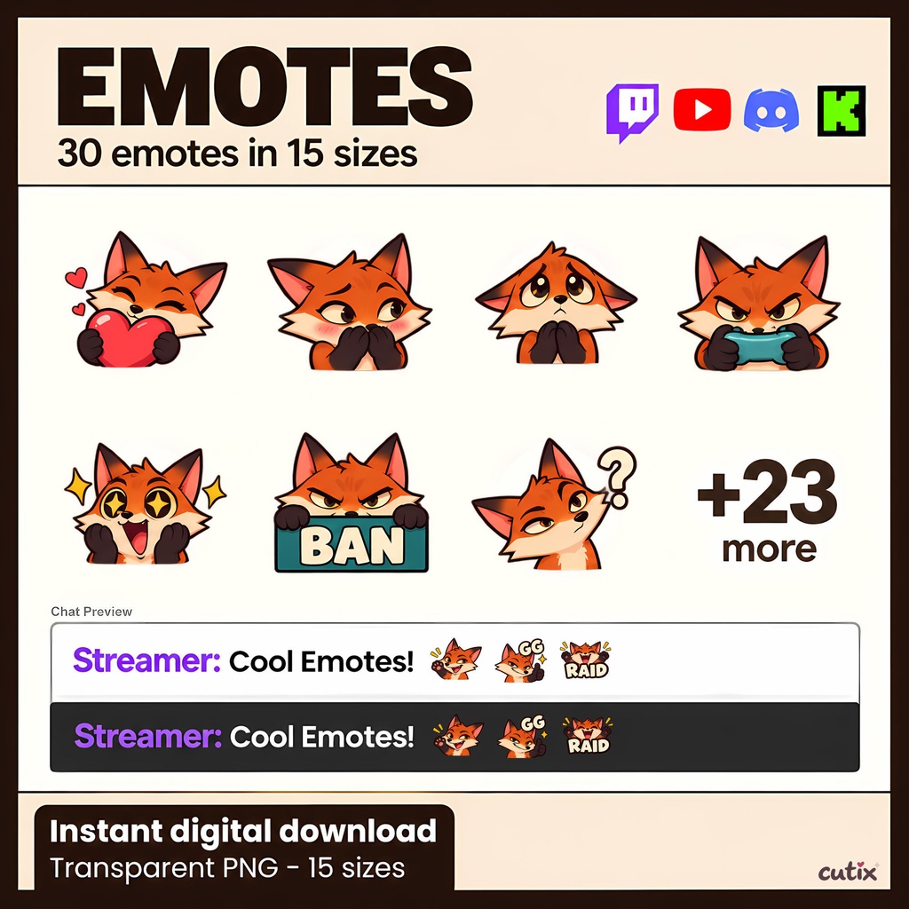 【30 Emotes】キツネの配信用スタンプ 全30種 | Rustle Fox Twitch Emotes  |   Twitchエモート・ Discord絵文字・YouTube絵文字