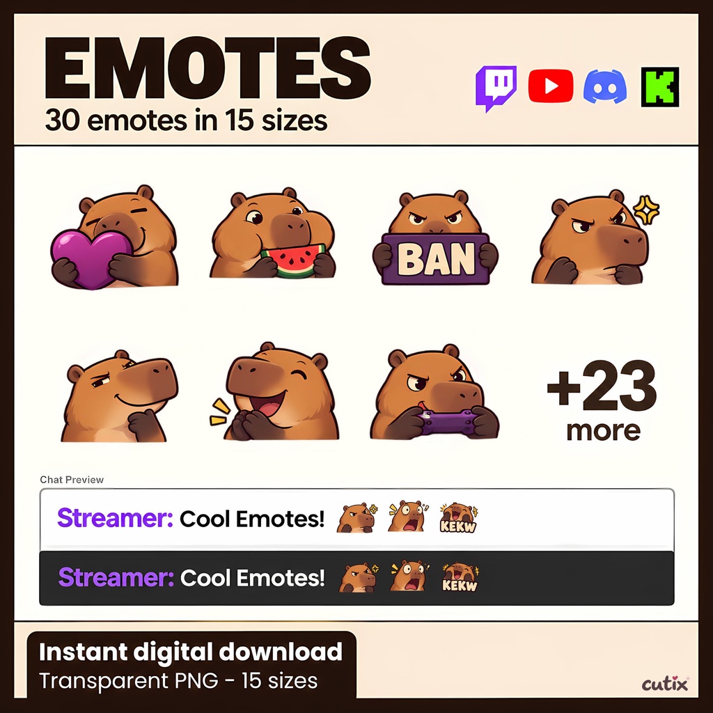 【30 Emotes】カピバラの配信スタンプ 全30種 | Dawdle Capybara Twitch Emotes  | Twitchエモート・ Discord絵文字・YouTube絵文字