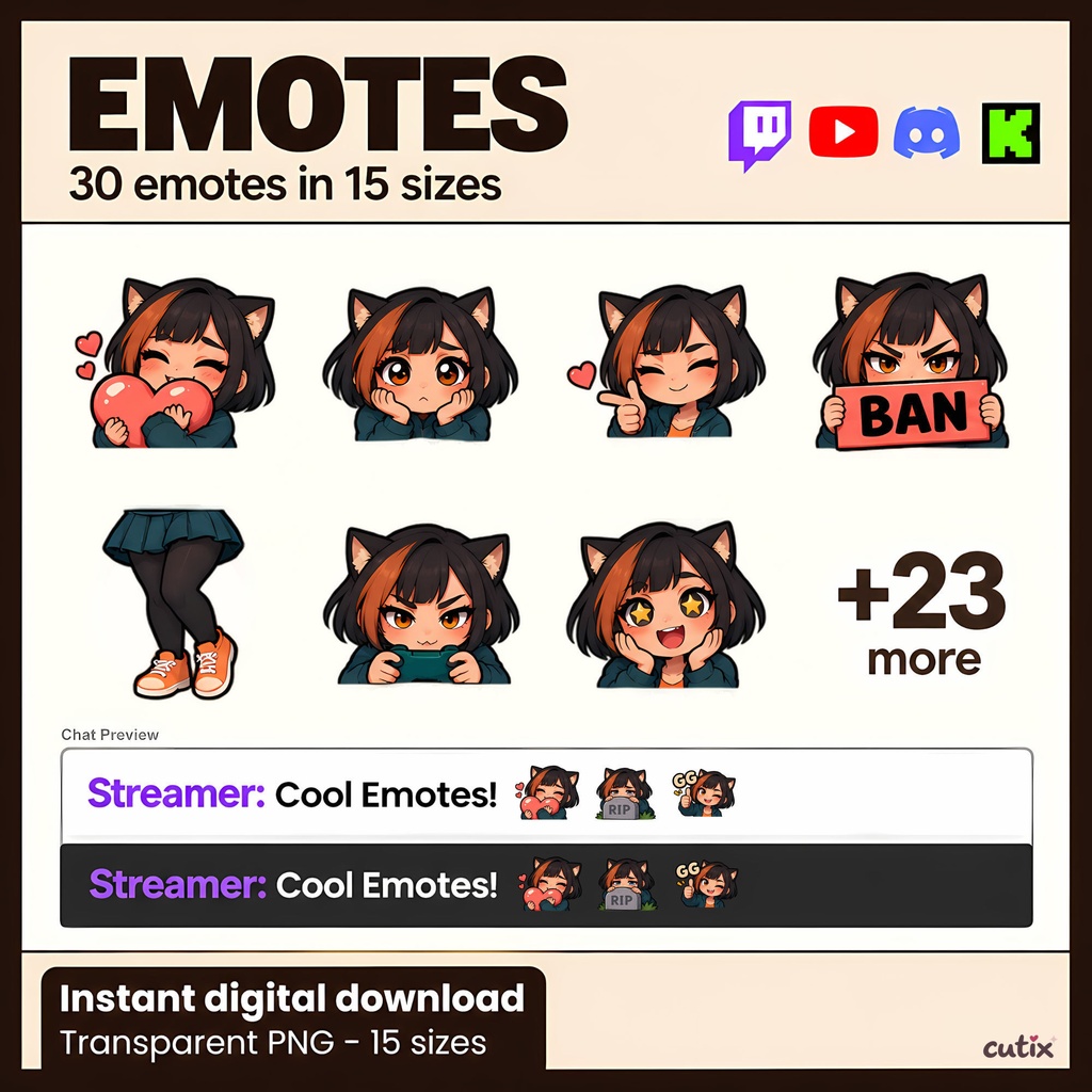 【30 Emotes】猫耳ゲーマー女子の配信スタンプ 全30種  | Tiltbyte Cat Girl Stream Emotes | Twitchエモート・ Discord絵文字・YouTube絵文字
