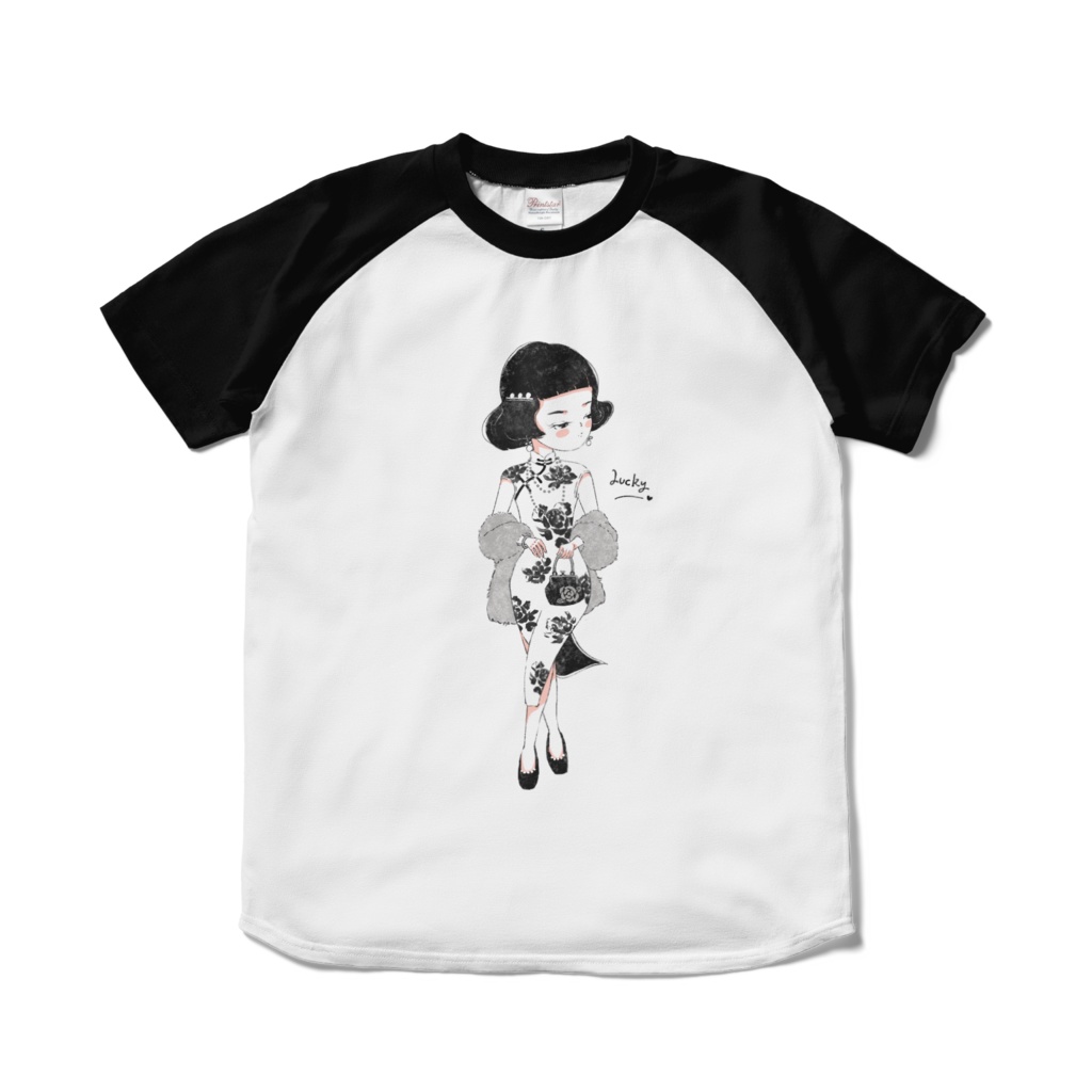 女性ラグランTシャツ　手書きイラスト　チャイナドレス