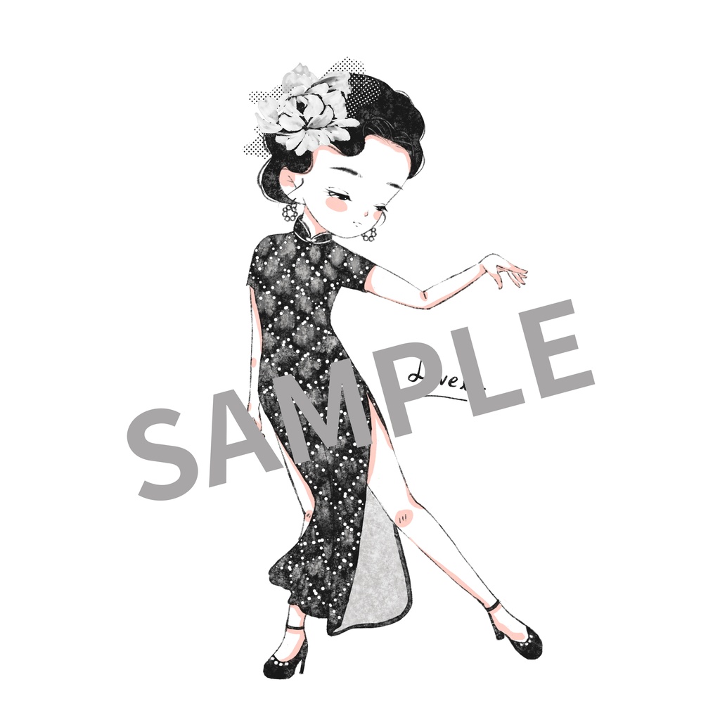 女性ラグランTシャツ 手書きイラスト チャイナドレスダンス