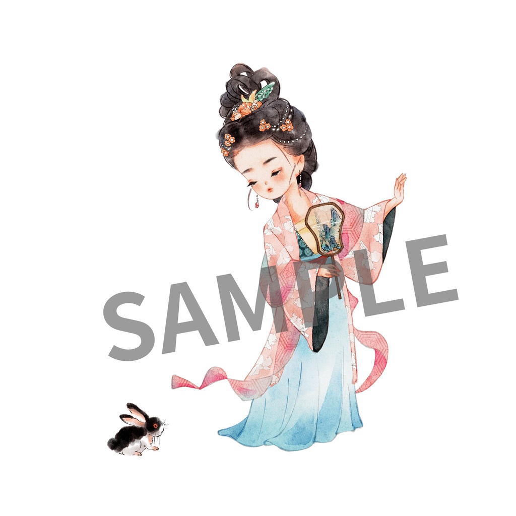 中国古風 唐装漢服 手書きイラスト 女性とウサギ