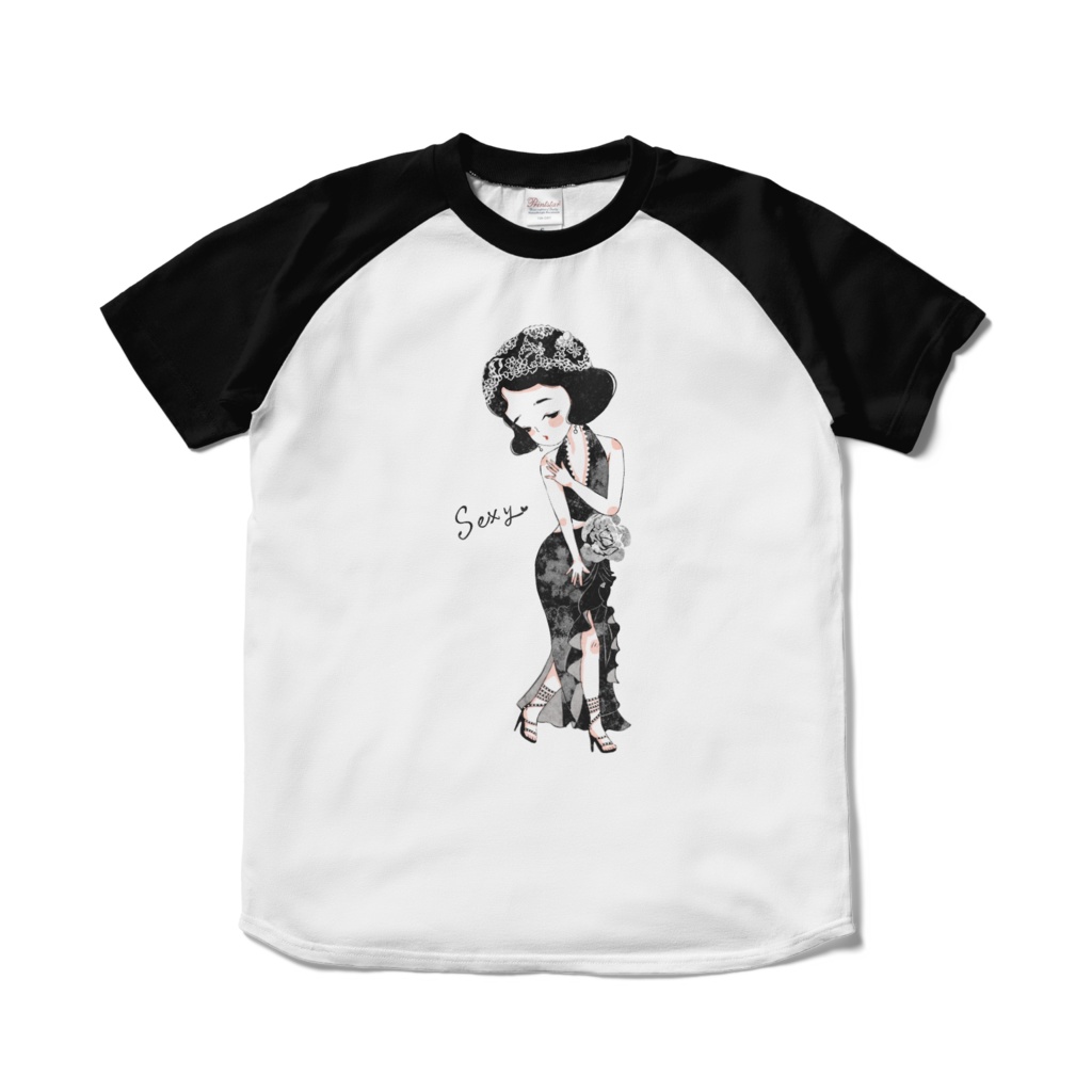 女性ラグランTシャツ　手書きイラスト　セクシーポーズ