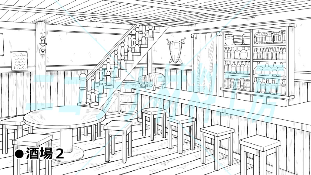 ファンタジー背景「酒場」線画画像素材4種