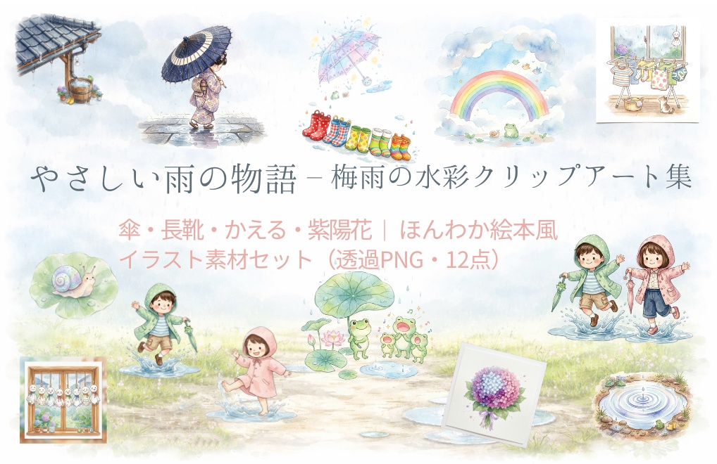 やさしい雨の物語 - 梅雨の水彩クリップアート集12点セット|PNG背景透過
