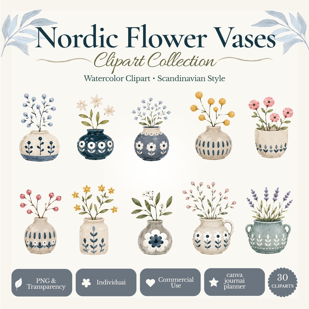 Nordic Flower Vases｜Watercolor Clipart Collection（30点）