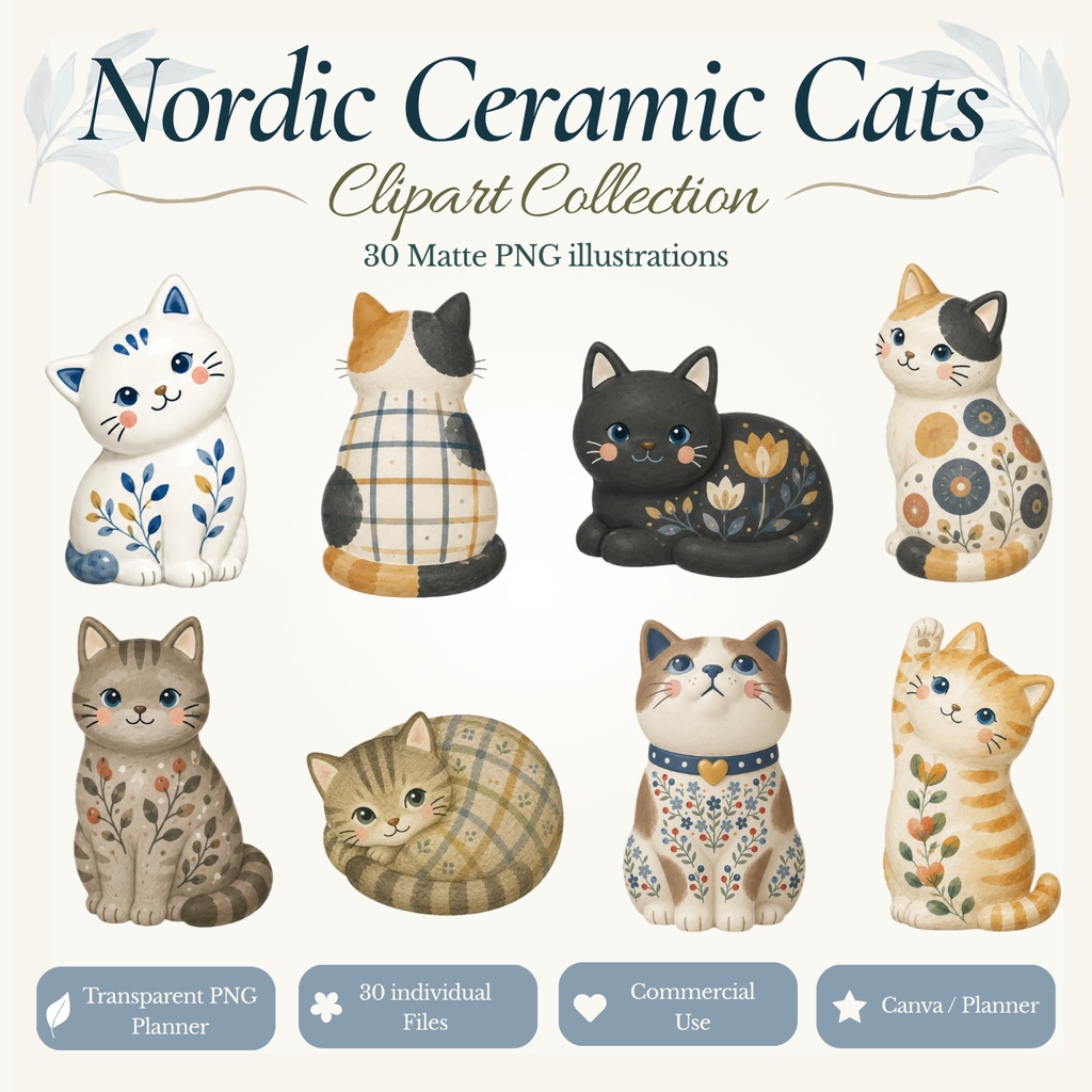Nordic Ceramic Cats Clipart Collection 30 Matte PNG Illustrations