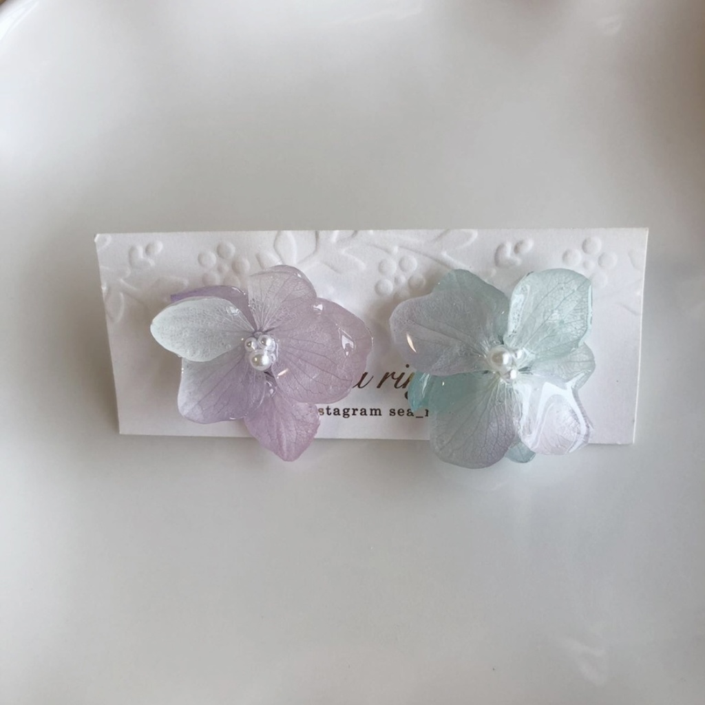 no.3 マーメイドカラーの紫陽花ピアス Mermaid あじさい ドライフラワー ハンドメイドピアス