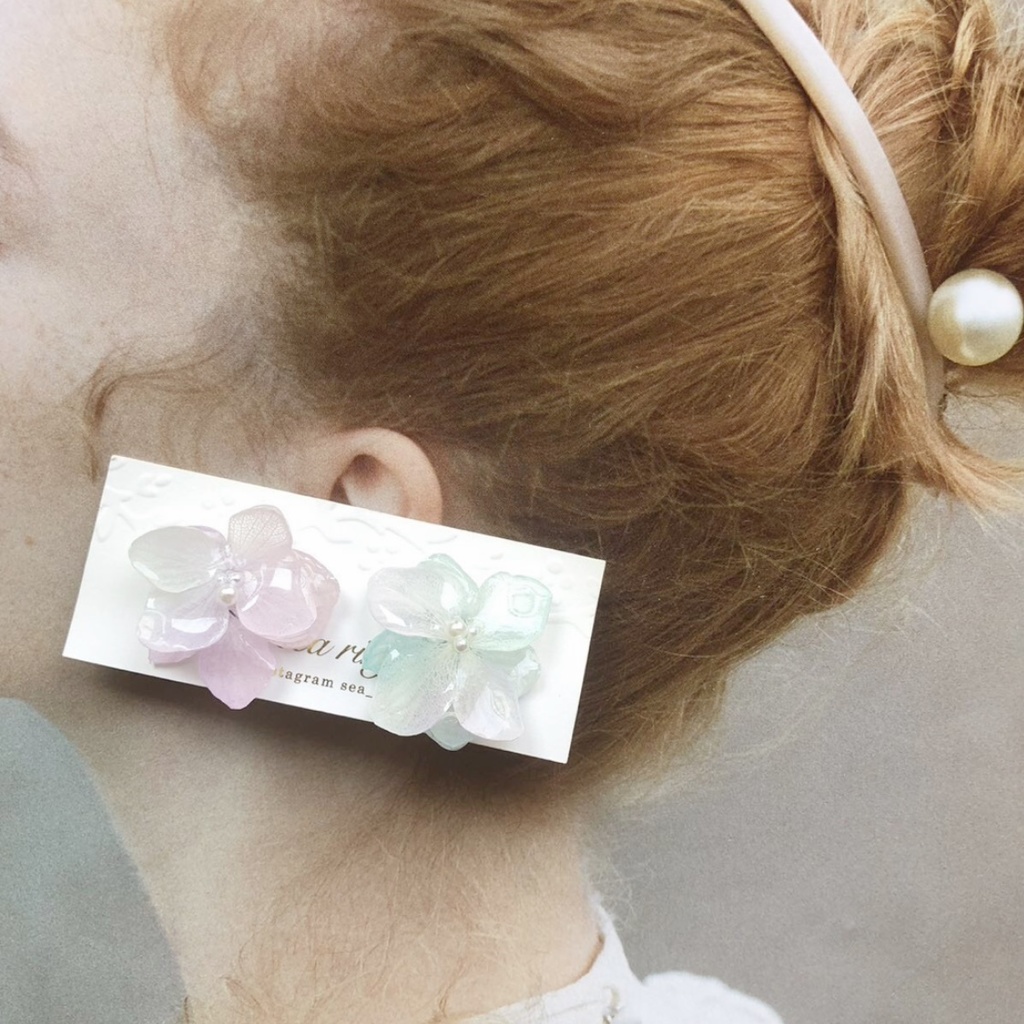 no.3 マーメイドカラーの紫陽花ピアス Mermaid あじさい ドライフラワー ハンドメイドピアス