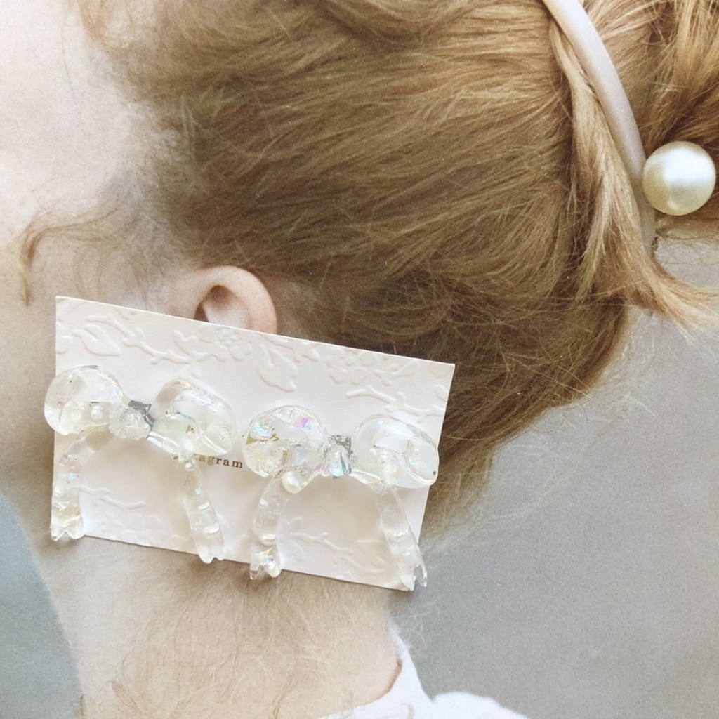 no.8 紫陽花とパールのリボンピアス ribbon ホワイトアナベル パール レジンピアス ハンドメイドピアス